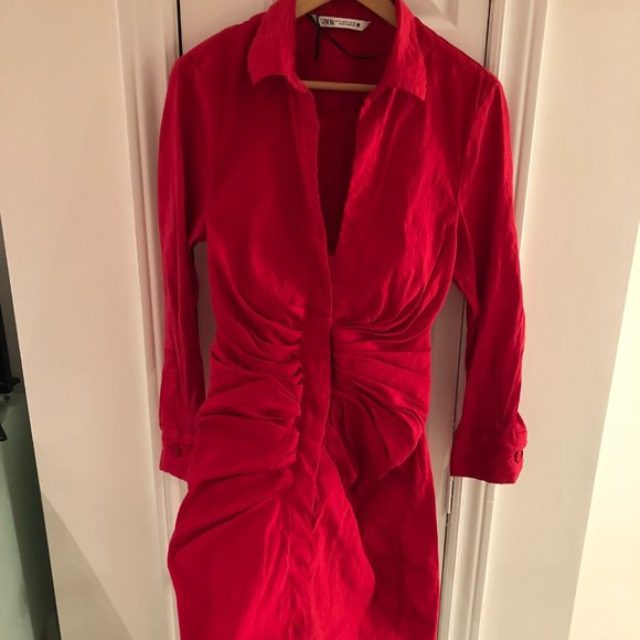 NWOT Zara Ruched, Asymmetrical red dress - Picture 2 of 6